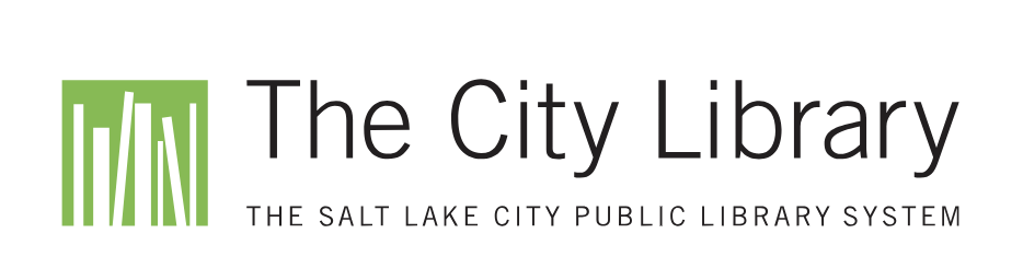 Logo for The City Library, Salt Lake City Public Library System, with a green graphic of books on a shelf.