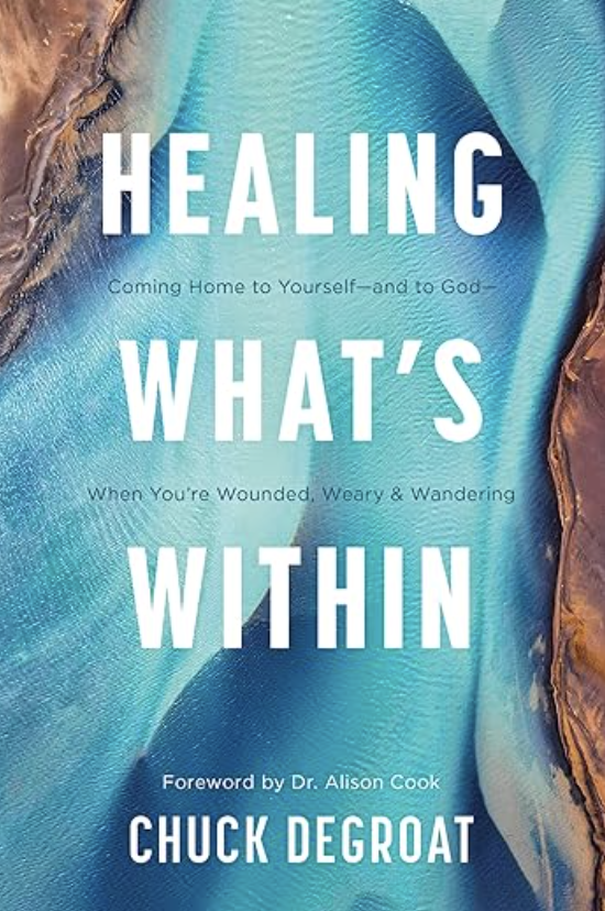 Book cover titled "Healing What's Within" by Chuck DeGroat, with a subtitle about coming home to oneself and God, featuring a blue abstract background with brown edges.