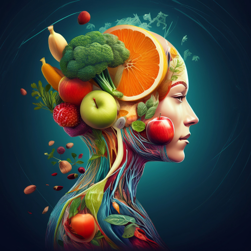 Surreal illustration of a woman's profile with fruits and vegetables integrated into her head and body, symbolizing health and nutrition.