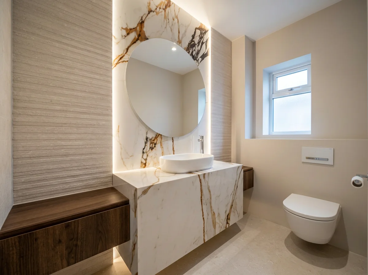 Modern bathroom with a marble sink and backsplash, a round mirror, a window, and a wall-mounted toilet.