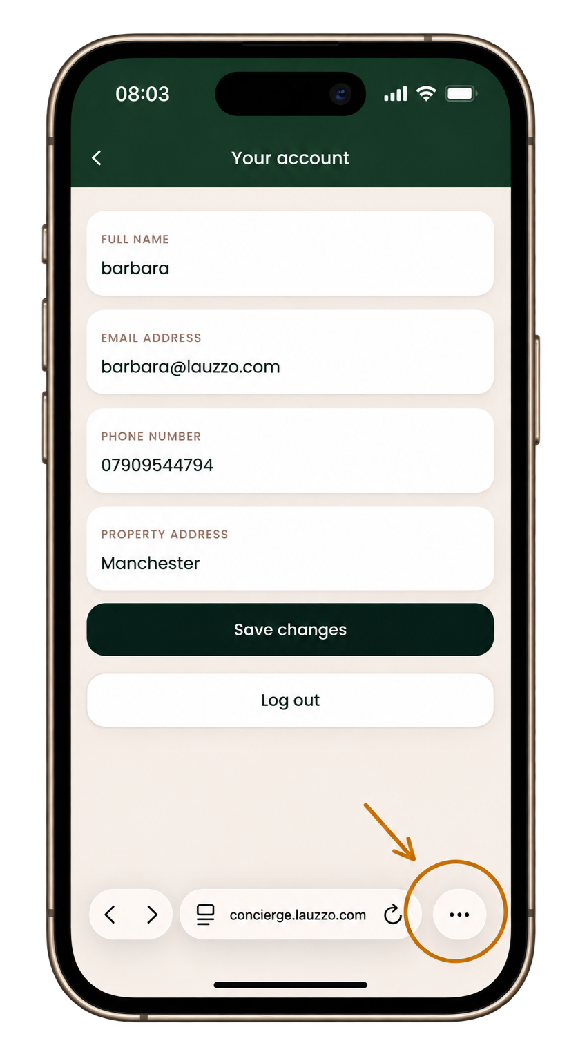 Mobile phone screen displaying a user account page with fields for name, email, phone number, and property address, and options to save changes or log out.