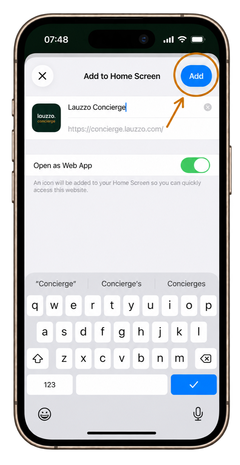 Smartphone screen showing the process of adding a website shortcut to the Home Screen with options to name the shortcut 'Lauzzo Concierge' and open as a web app, with an 'Add' button highlighted.
