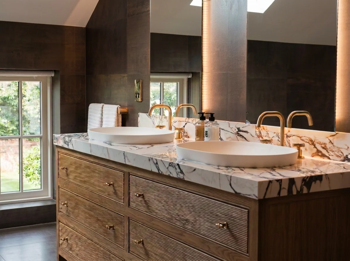 Modern luxury bathroom installation in the Lake District featuring a bespoke double vanity, white marble countertop, dual oval vessel sinks, and premium gold fixtures.