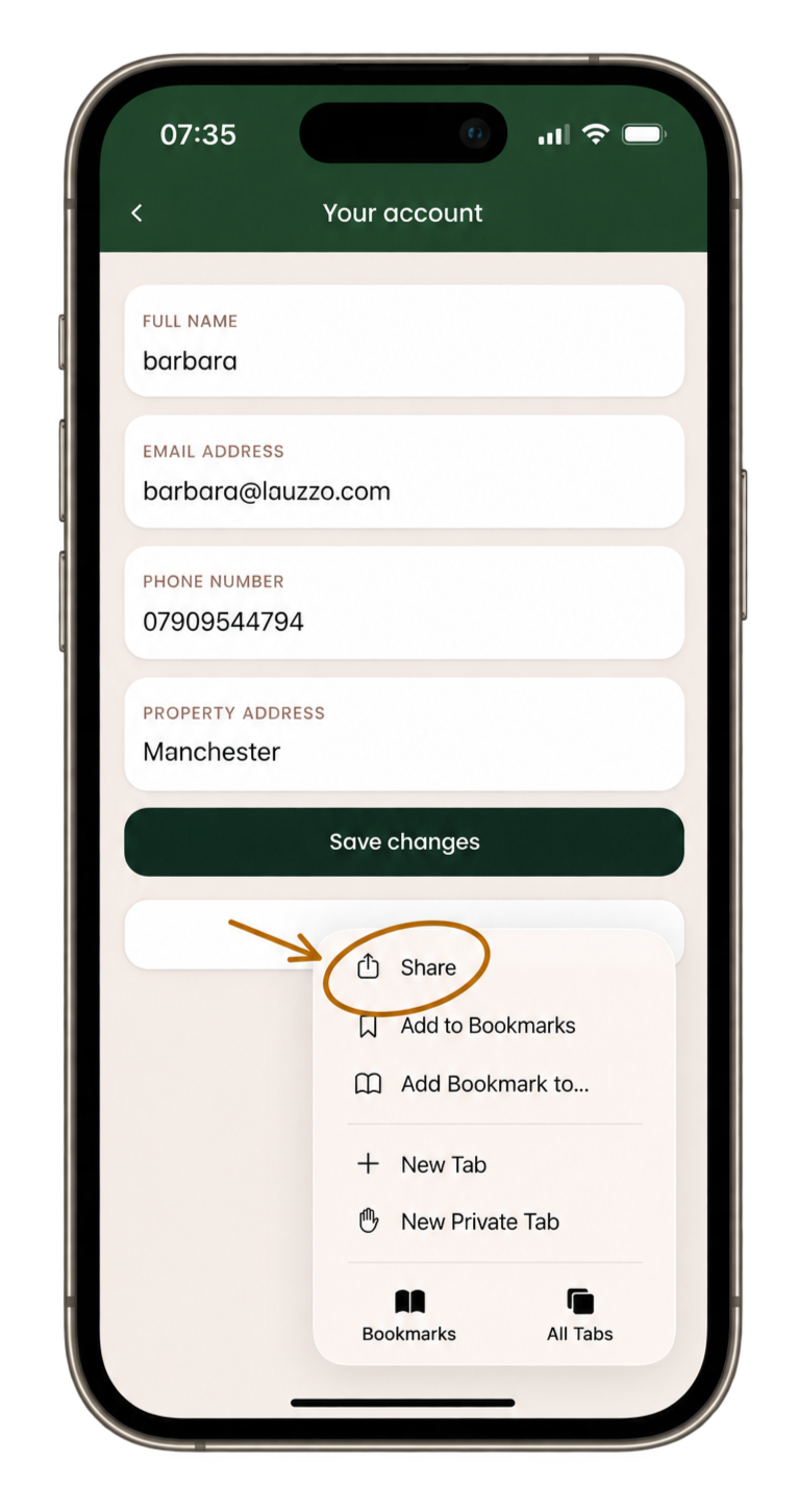 Screenshot of a mobile phone displaying a profile page with personal information, a 'Save changes' button, and a share option highlighted with an arrow.