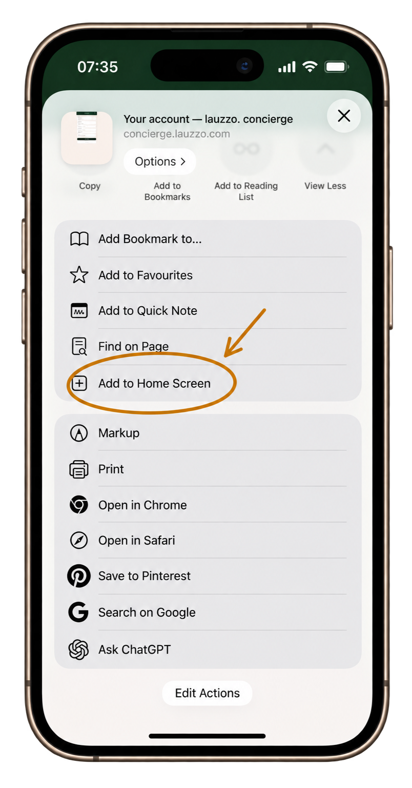A smartphone screen displaying sharing options for a webpage. The options include adding the page to bookmarks, favorites, quick note, find on page, or home screen, with the home screen option circled and pointed to by an orange arrow.