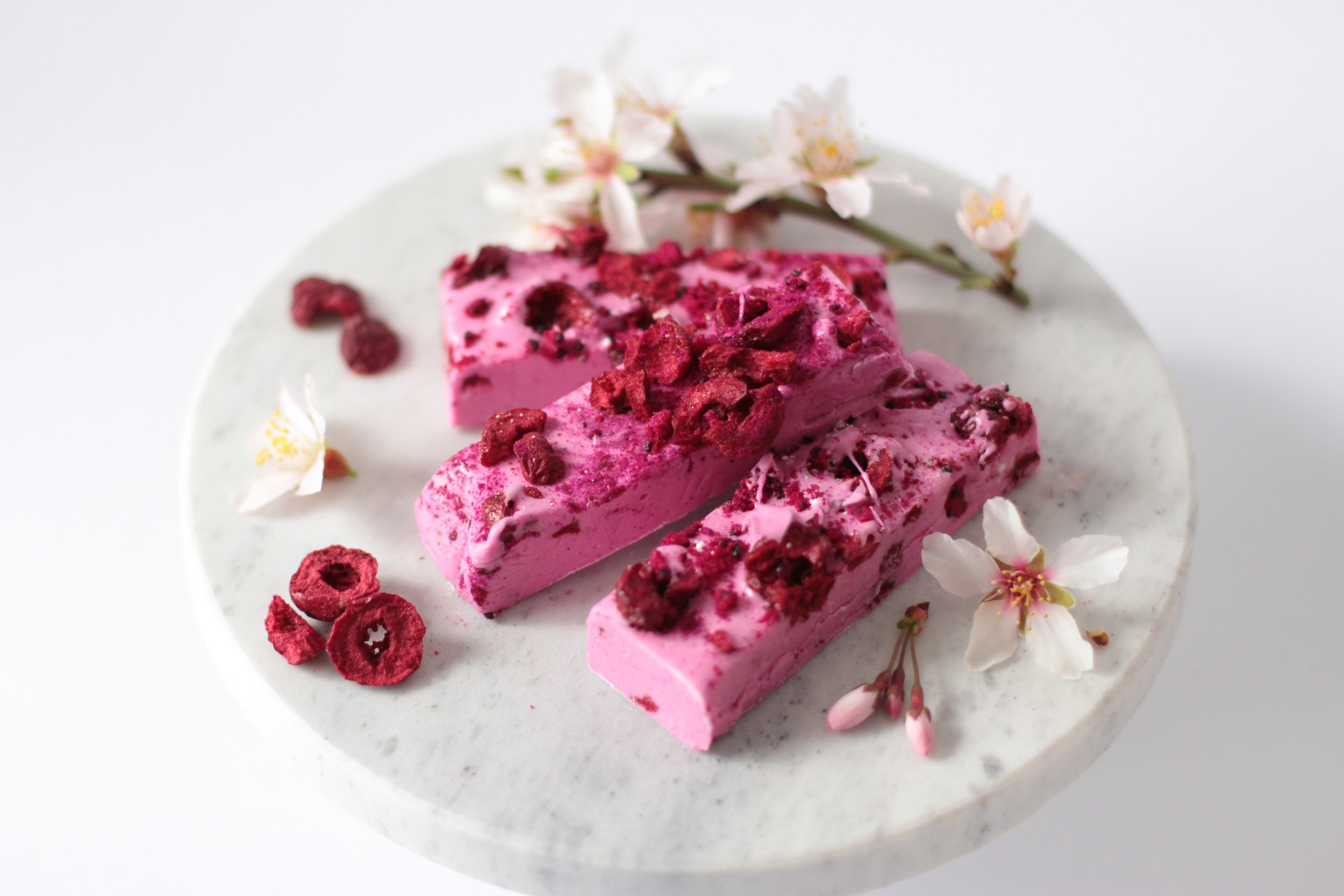 Montélimar Nougat with Freeze dried Sour Cherries and Dragon Fruit