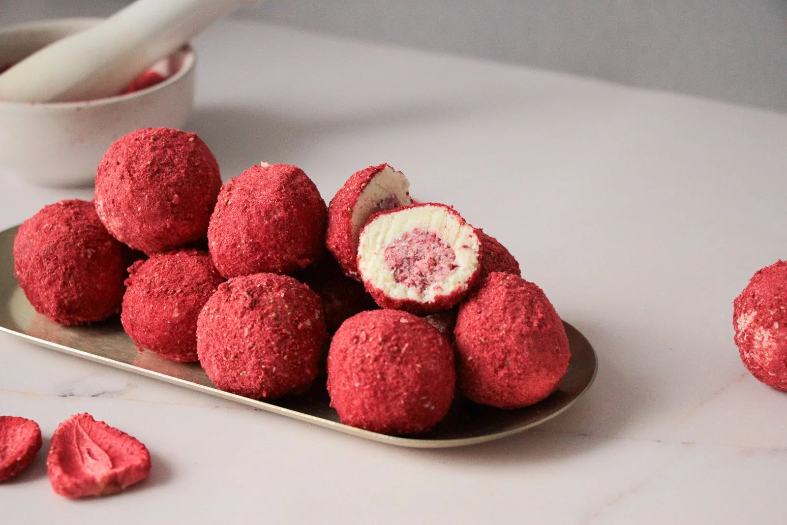 Strawberry Raffaello Balls with Freeze-Dried Strawberry Powder