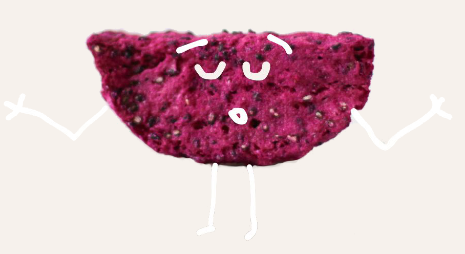 A pink and black berry-flavored snack with a cartoon face, arms, and legs drawn on it.