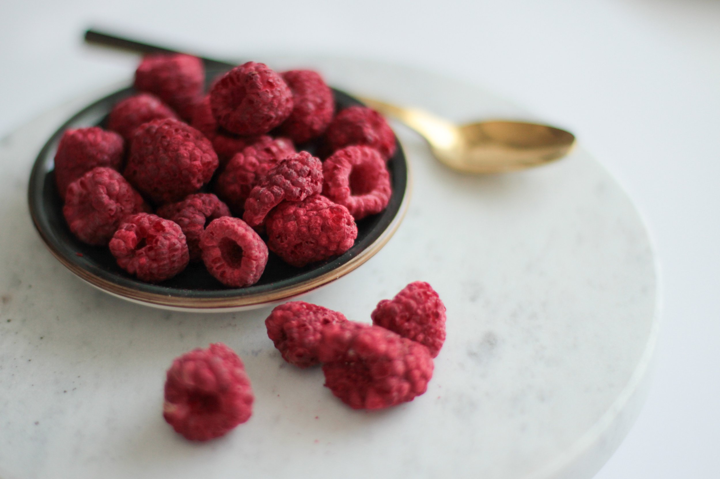 freeze dried whole raspberries on plate