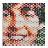 A pop art portrait of a woman with short dark hair, created using colorful dots. Gavin Rain.