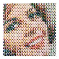 Mosaic portrait of a woman's face made from multicolored small circular tiles. Gavin Rain.