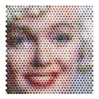 A mosaic portrait of a woman's face made up of multicolored circular dots. Gavin Rain.