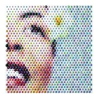 Close-up of a person's partially visible face with over-expressive makeup, created with colored dots. Gavin Rain.