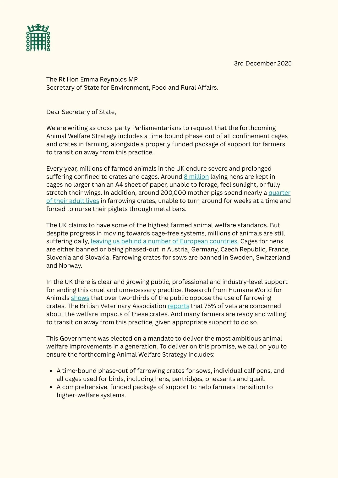 Cross-party Parliamentarians urge Government to end cruelty of cages and crates in UK farming ahead of forthcoming Animal Welfare Strategy.
