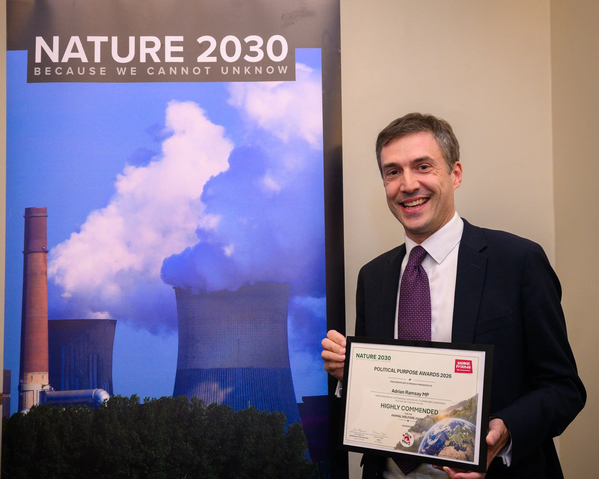 Adrian Ramsay MP highly commended for animal welfare work at Nature 2030 Political Purpose Awards