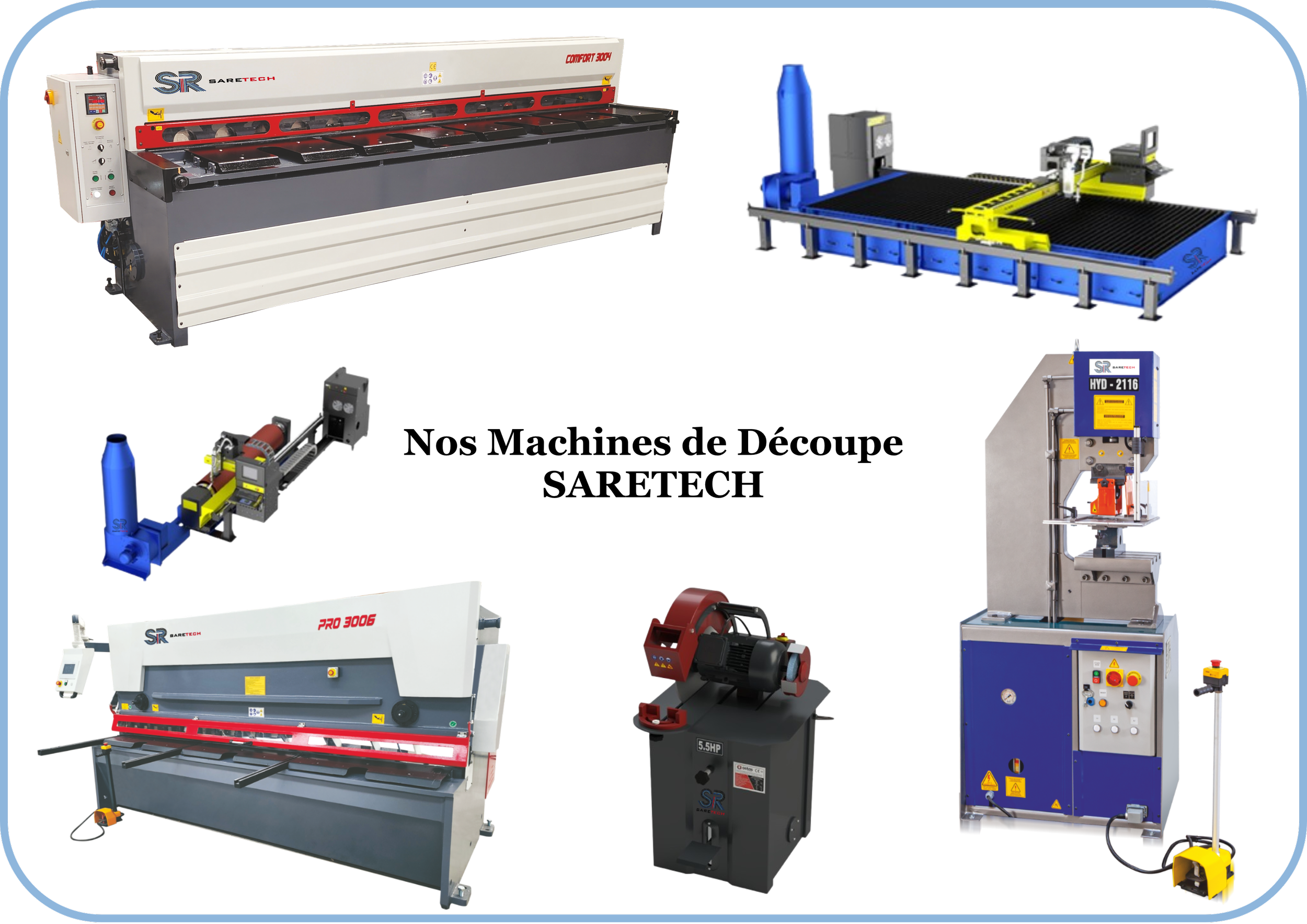 Matériel industriel pour la découpe, la soudure et le traitement de matériaux, comprenant une machine de découpe laser, une machine de soudure, une presse plieuse, une machine de sciage et divers équipements automatisés.