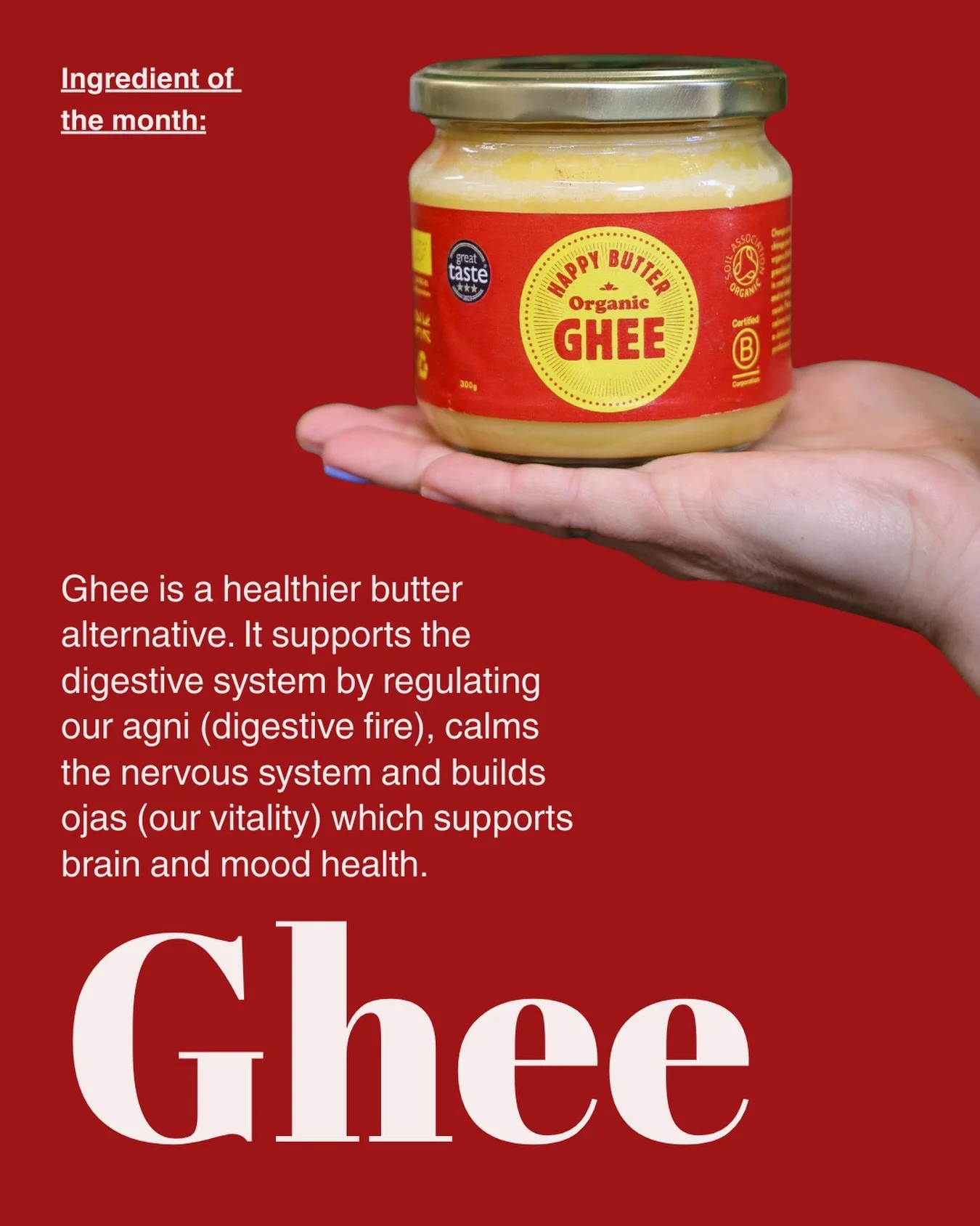 Hero ingredient of the month: Ghee ❤️

What is Ghee? Ghee is clarified butter made by gently heating butter to remove water, milk solids, and impurities. In Ayurveda, it&rsquo;s considered one of the most sattvic, nourishing, and digestive-supportive