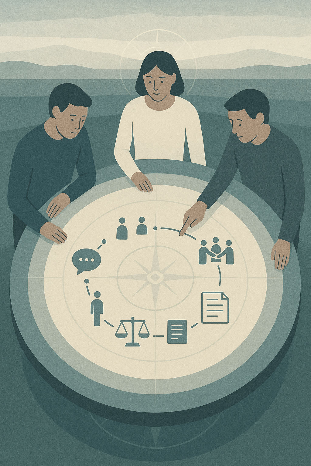 Drei Menschen runder Tisch, Symbole Kommunikation, Recht, Dokumente (strategische Diskussion)
Alt-Text: B2B Führungsteam in strategischer Diskussion – Revenue Alignment Workshop Hickethier x Commercial Leadership