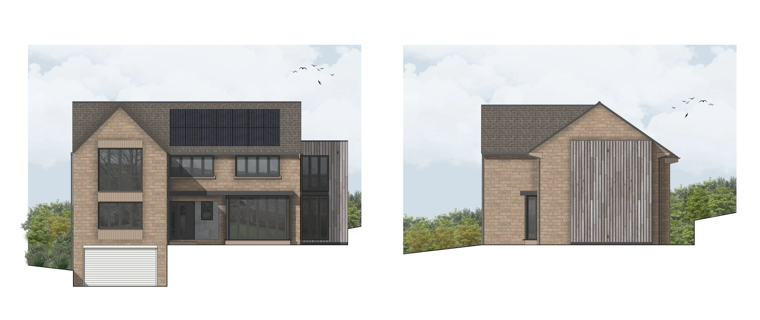 Architectural renderings of a modern house showing front and side views with solar panels on the roof.