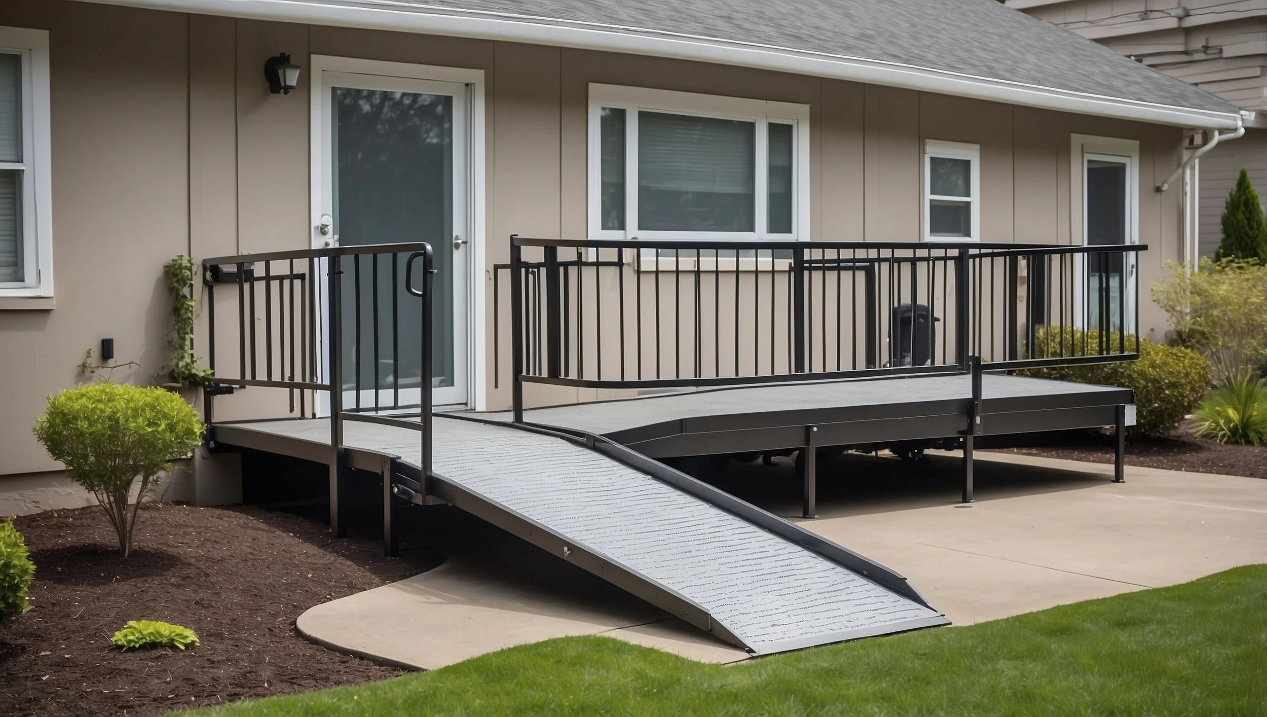 A residential house with beige siding featuring a wheelchair-accessible ramp and porch with metal railings.