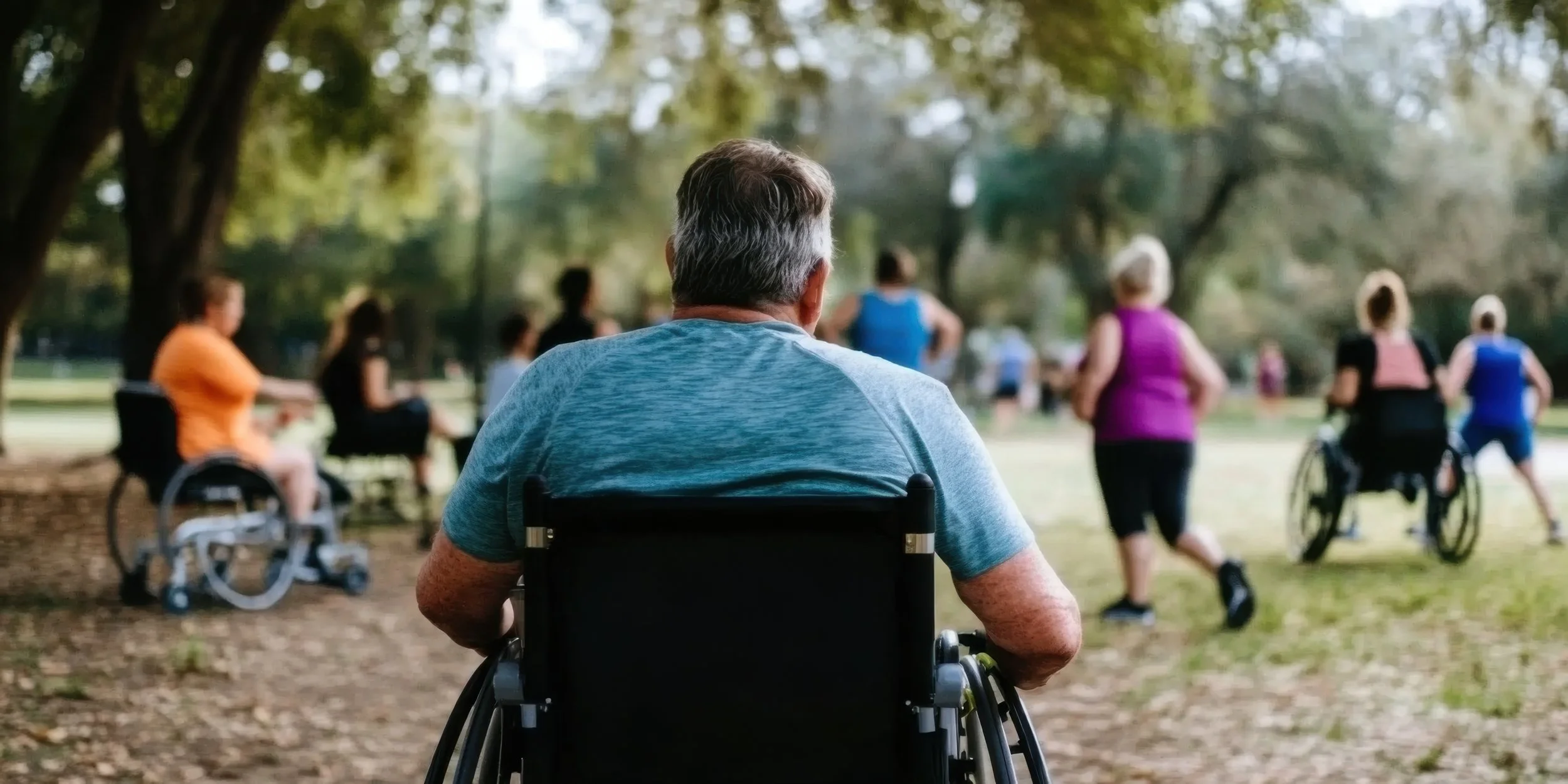 A group of people exercising outdoors, including individuals in wheelchairs and others jogging, in a park setting.