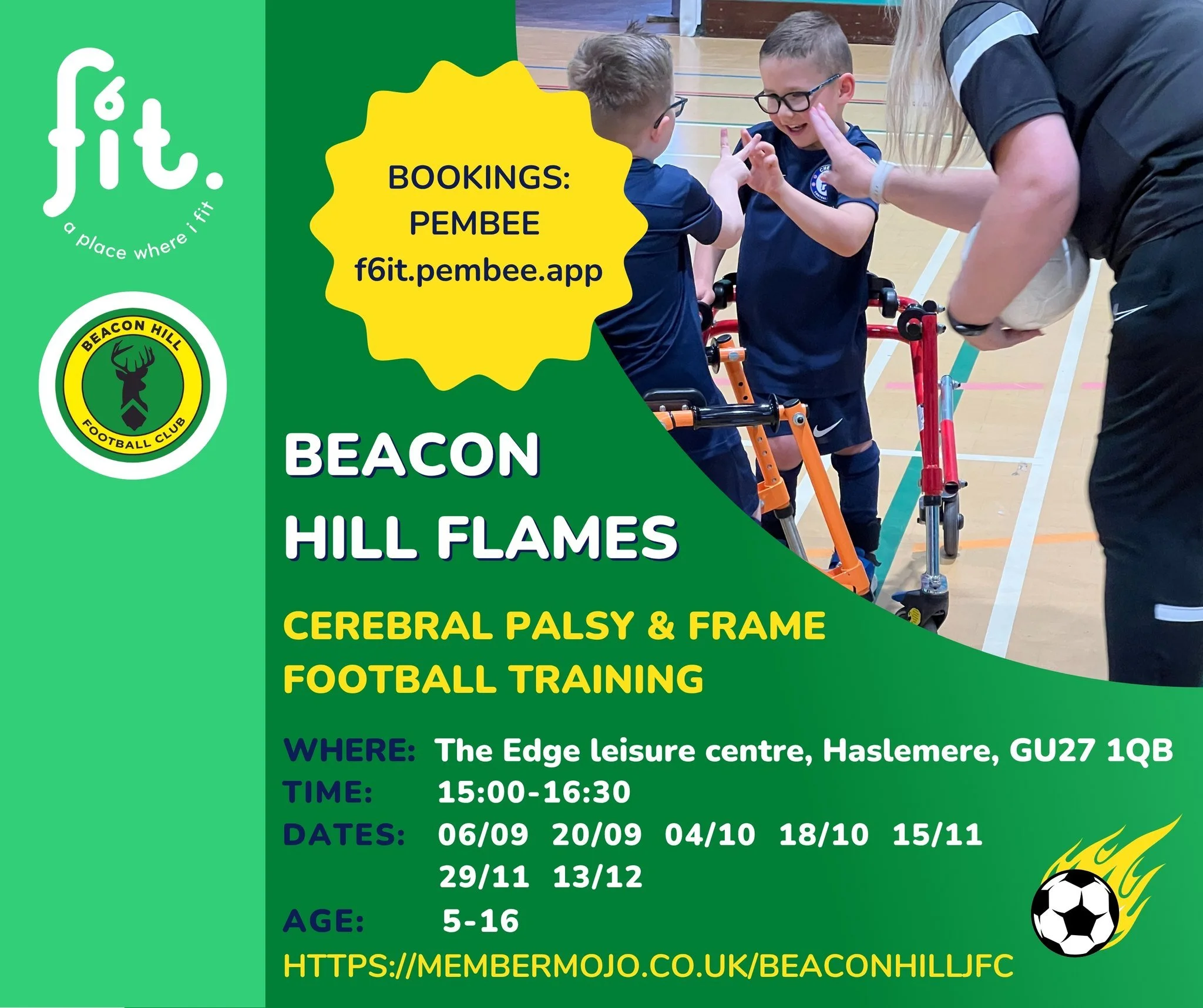 🔔 REMINDER FOR THIS SATURDAY 🔔

🔥 BEACON HILL FLAMES 🔥

⚽️ The Beacon Hill Flames is a Cerebral Palsy Frame Football team, which is run in partnership with Beacon Hill Football Club.

⛹️&zwj;♀️ It is open to all children aged 5-16 with Cerebral P