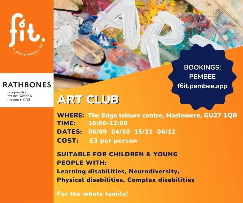🔔 REMINDER FOR THIS SATURDAY 🔔

🎨 F6IT ART CLUB 🎨

💙 Kindly subsidised by Rathbones Guildford 💙
&zwj;
🏢 FACILITIES: 
Plenty of nearby parking &amp; accessible parking
Level Access
Accessible Toilet Facilities
Full Changing Places Toilet Facili