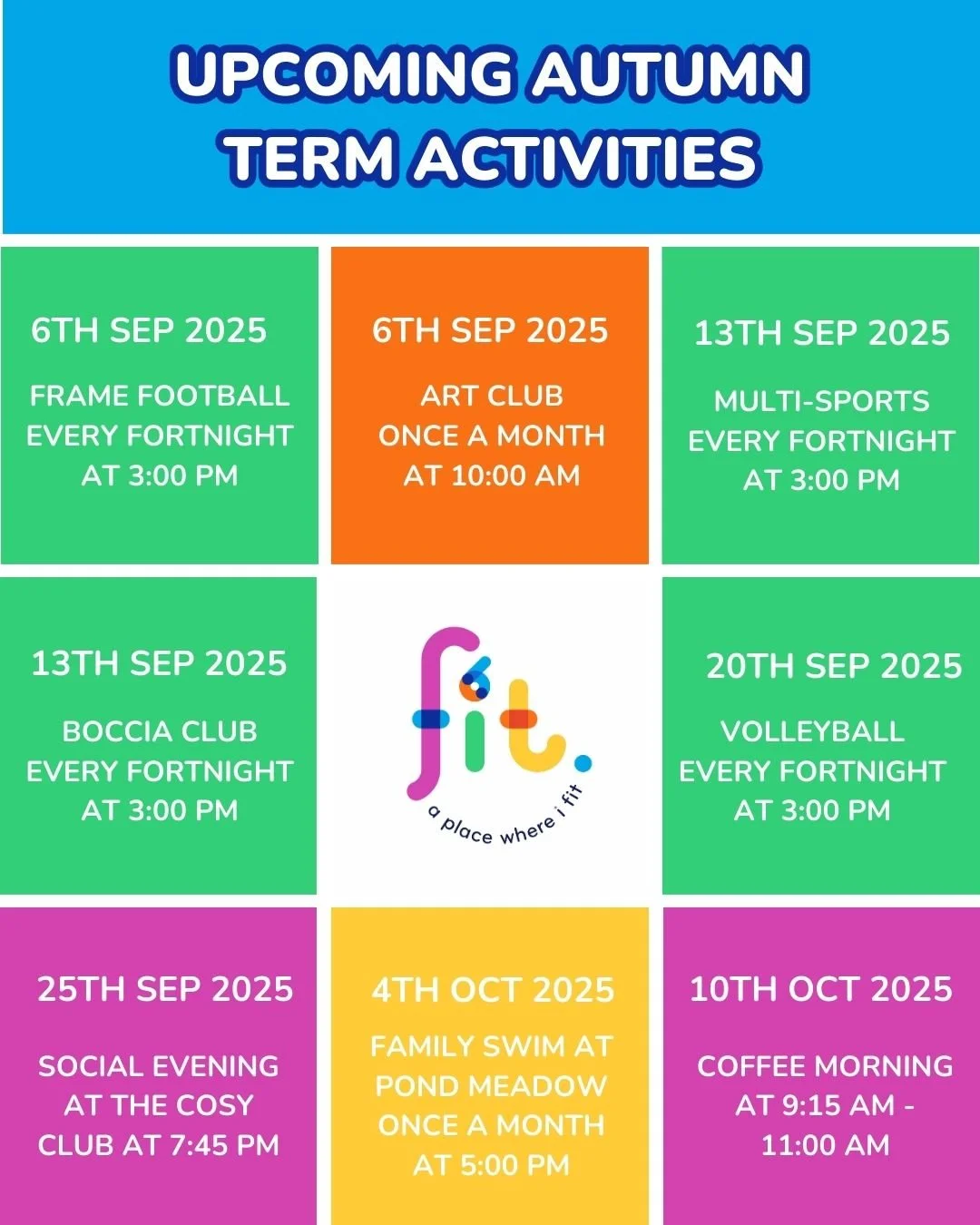 🥳 MORE AUTUMN TERM ACTIVITIES ADDED 🥳

⭐️ We have added some more amazing activities for this autumn term! 

💻 All activities are available to book via our booking platform Pembee. 

📧 If you would like any more information, please email hello@f6