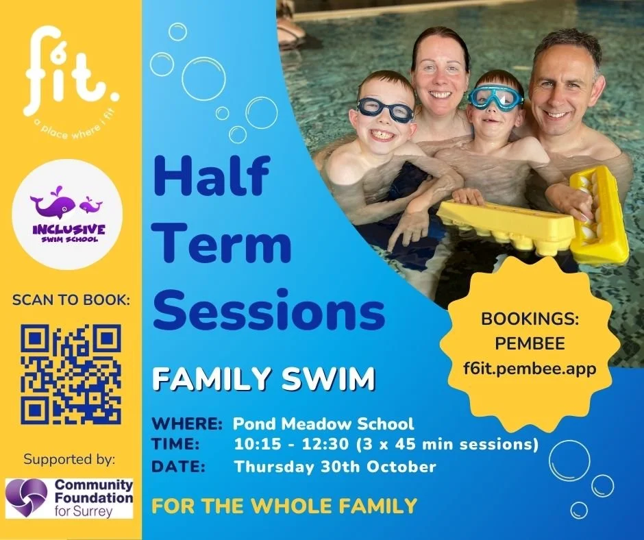 🎃 OCTOBER HALF TERM 🎃

🏊 FAMILY SWIM IN PARTNERSHIP WITH INCLUSIVE SWIM SCHOOL 🏊

💙 Supported by Community Foundation for Surrey 💙

🏢 FACILITIES:
Hydrotherapy Pool (approximately 34-36 degrees celsius)
Changing tables and hoisting facilities (