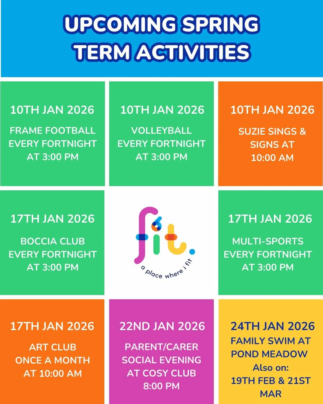 🌼 UPCOMING SPRING TERM ACTIVITIES 🌼

⭐️ We have some amazing upcoming activities for this Spring Term! 

💻 All activities are available to book via our booking platform Pembee - visit f6it.pembee.app

📧 If you would like any more information, ple