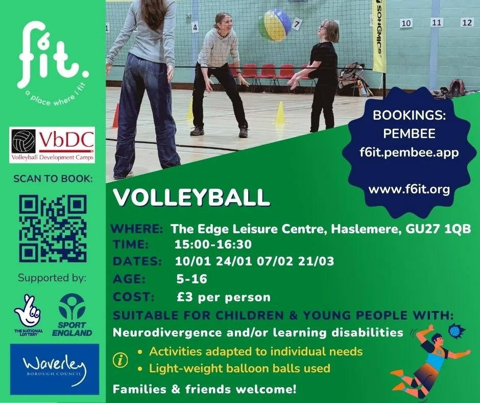 🏐 VOLLEYBALL 🏐

⭐️ This activity is suitable for children and young people aged 5-16 with neurodivergence and/or learning disabilities (and their families &amp; friends)! 

📍Where: The Edge Leisure Centre, Woolmer Hill, Haslemere, GU27 1QB

🗓 Whe