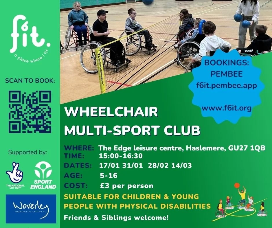👨&zwj;🦽F6IT WHEELCHAIR MULTI SPORT CLUB👩&zwj;🦽

🏀 We have 12 spaces available per session for children of all abilities (disabled and non-disabled), aged 5-16

📍Where: The Edge Leisure Centre, Woolmer Hill, Haslemere, GU27 1QB

🗓 When: Fortnig