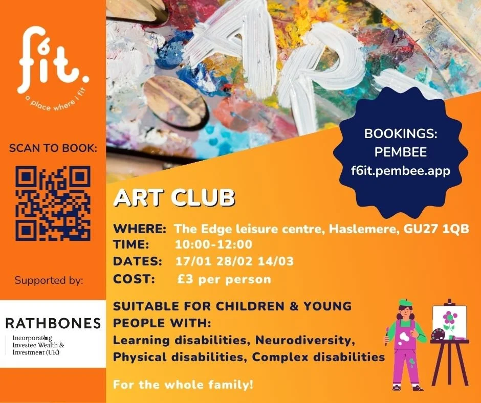🎨 F6IT ART CLUB 🎨

💙 Kindly subsidised by Rathbones Guildford 💙
&zwj;
🏢 FACILITIES: 
Plenty of nearby parking &amp; accessible parking
Level Access
Accessible Toilet Facilities
Full Changing Places Toilet Facility coming soon - in the meantime w