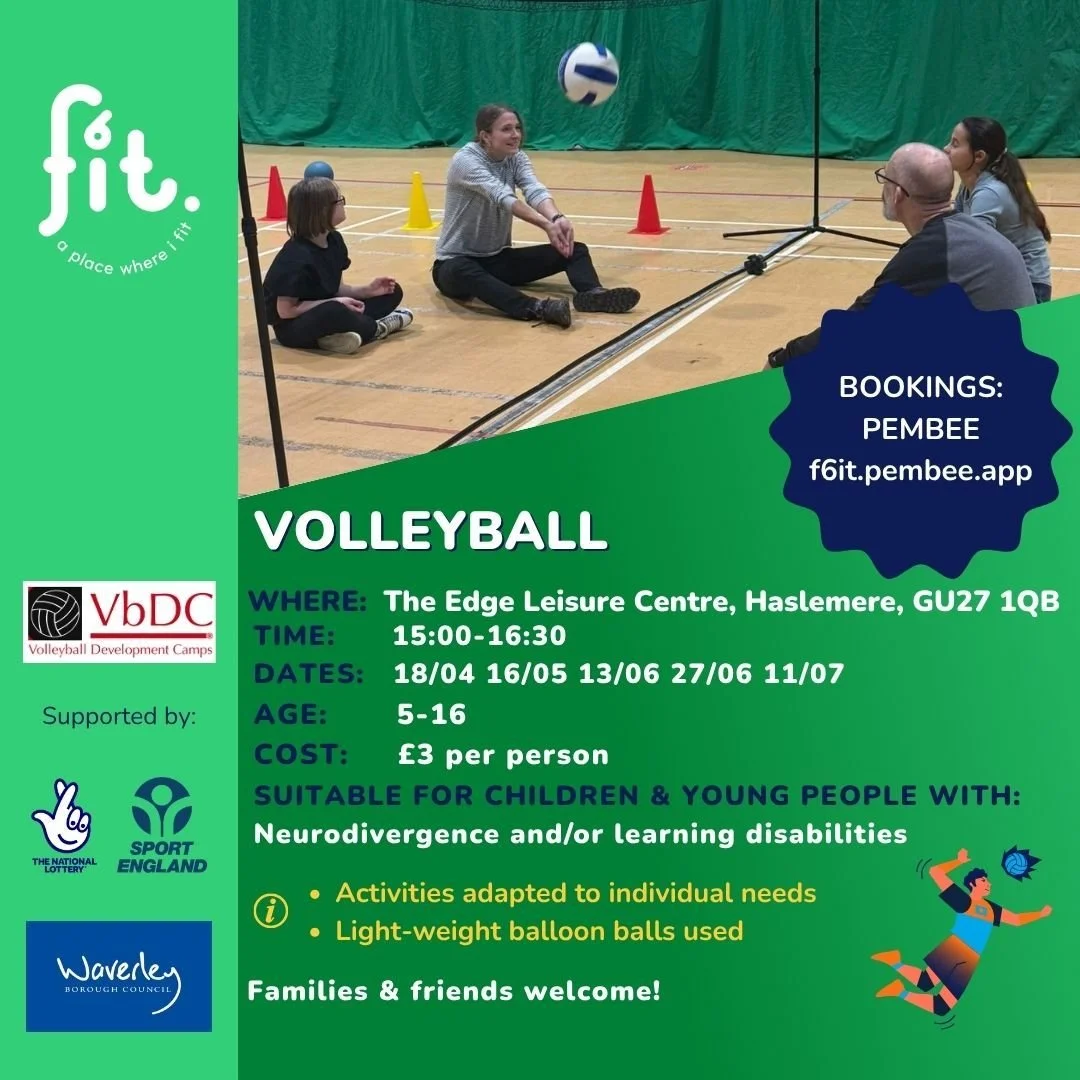 🏐 VOLLEYBALL 🏐

Inclusive volleyball for children aged 5&ndash;16 with neurodivergence or learning disabilities &mdash; families welcome too!

📍 Haslemere
🗓️ Apr 18 &bull; May 16 &bull; Jun 13 &bull; Jun 27 &bull; Jul 11
⏰ 15:00&ndash;16:30
💰 &p