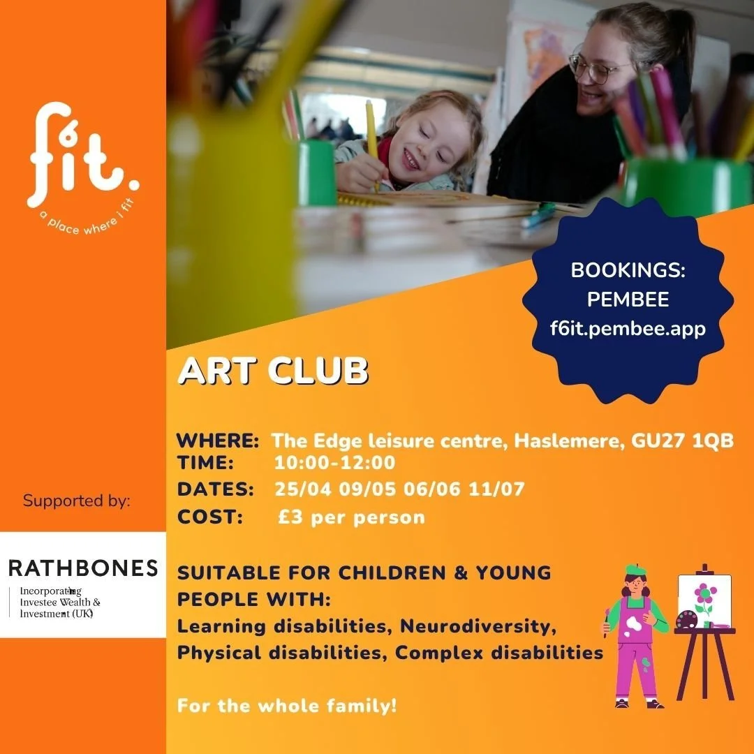 🎨 F6IT ART CLUB 🎨

Inclusive, creative fun for children and young people with additional needs &mdash; with families encouraged to join in too.

📍 Haslemere
🗓️ Apr 25 &bull; May 9 &bull; Jun 6 &bull; Jul 11
⏰ 10:00&ndash;12:00 (flexible)
💰 &poun