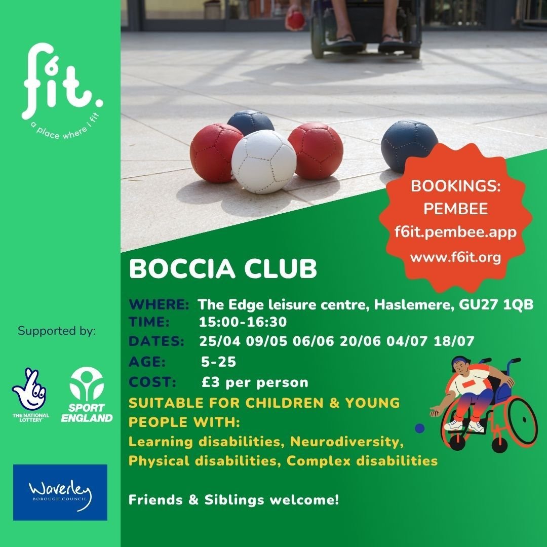 🔴 BOCCIA CLUB 🔵

Inclusive seated sport for children with physical disabilities, visual impairment, learning disabilities and neurodiversity.

📍 Haslemere
🗓️ Apr 25 &bull; May 9 &bull; Jun 6 &bull; Jun 20 &bull; Jul 4 &bull; Jul 18
⏰ 15:00&ndash;