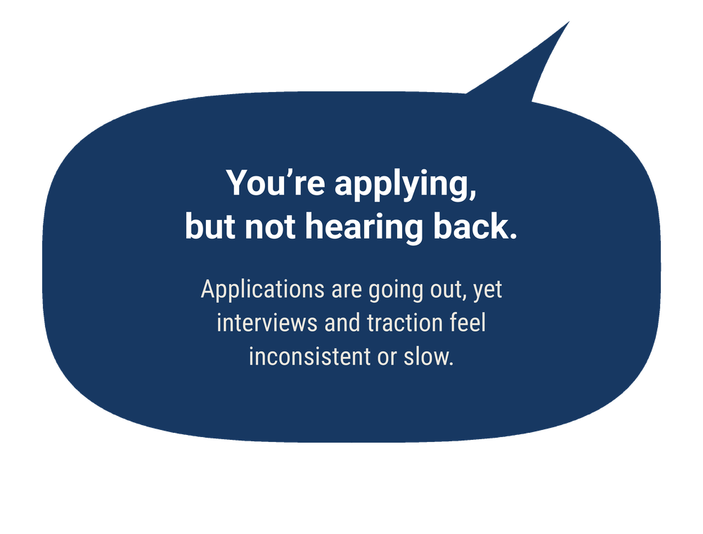 Speech bubble: You're applying, but not hearing back. Applications are going out, yet interviews and traction feel inconsistent or slow.