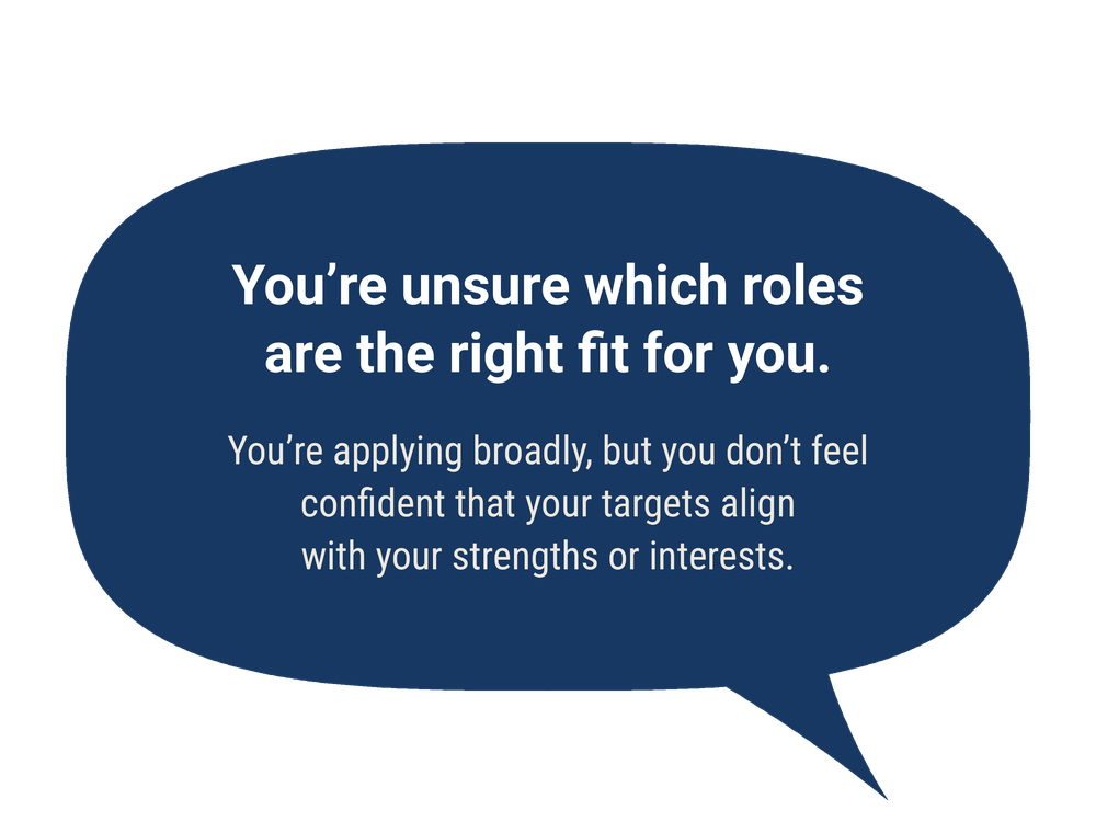 Speech bubble: You're unsure which roles are the right fit for you. You're applying broadly, but you don't feel confident that your targets align with your strengths or interests.