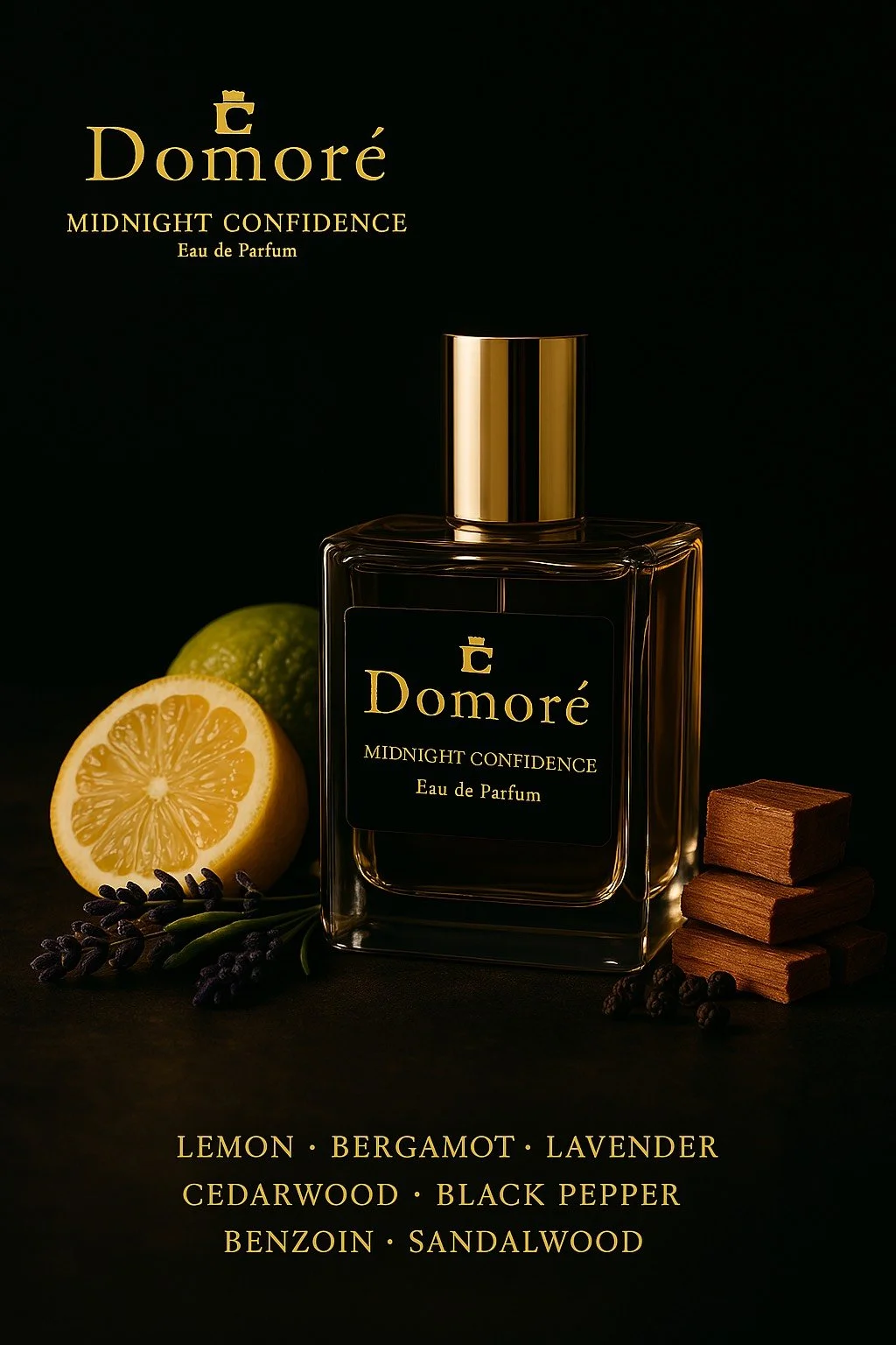 A bottle of Domoré Midnight Confidence Eau de Parfum with lemon, bergamot, lavender, cedarwood, black pepper, benzoin, and sandalwood ingredients arranged around it against a dark background.