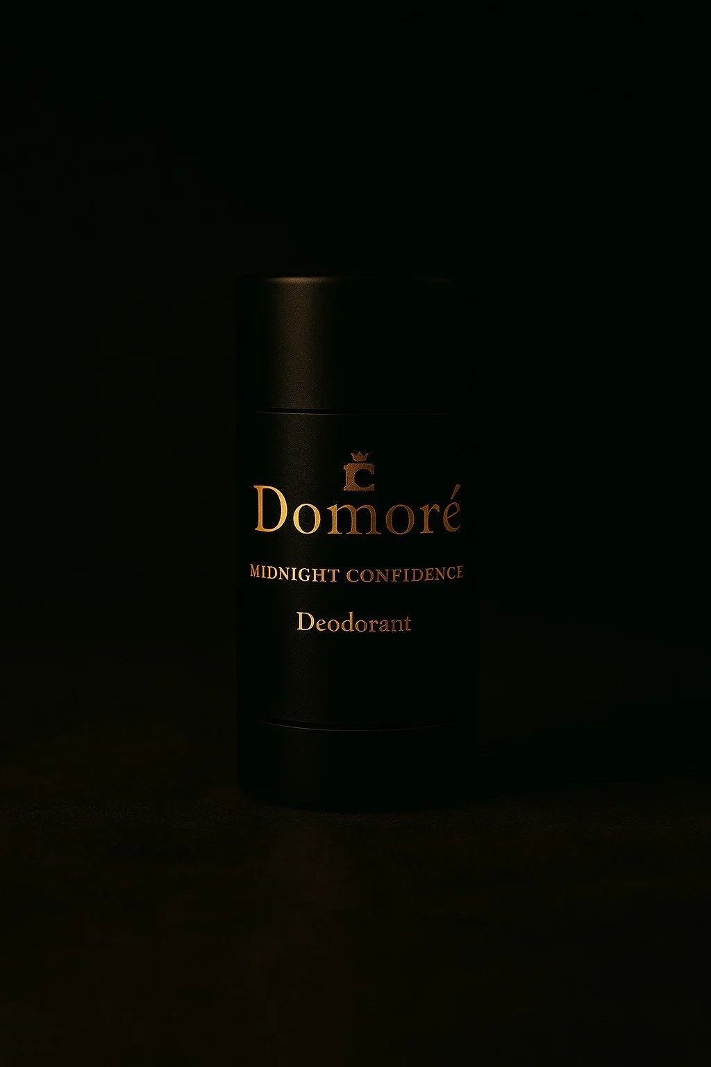 Black container of Domoré Midnight Confidence deodorant, illuminated with subtle warm lighting against dark background.