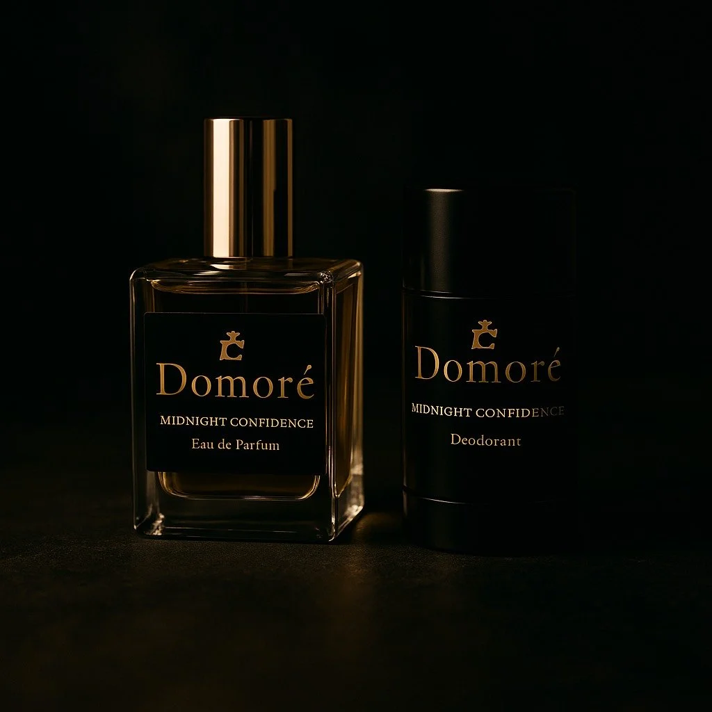 A bottle of Domoré Midnight Confidence Eau de Parfum next to a matching deodorant stick against a dark background.