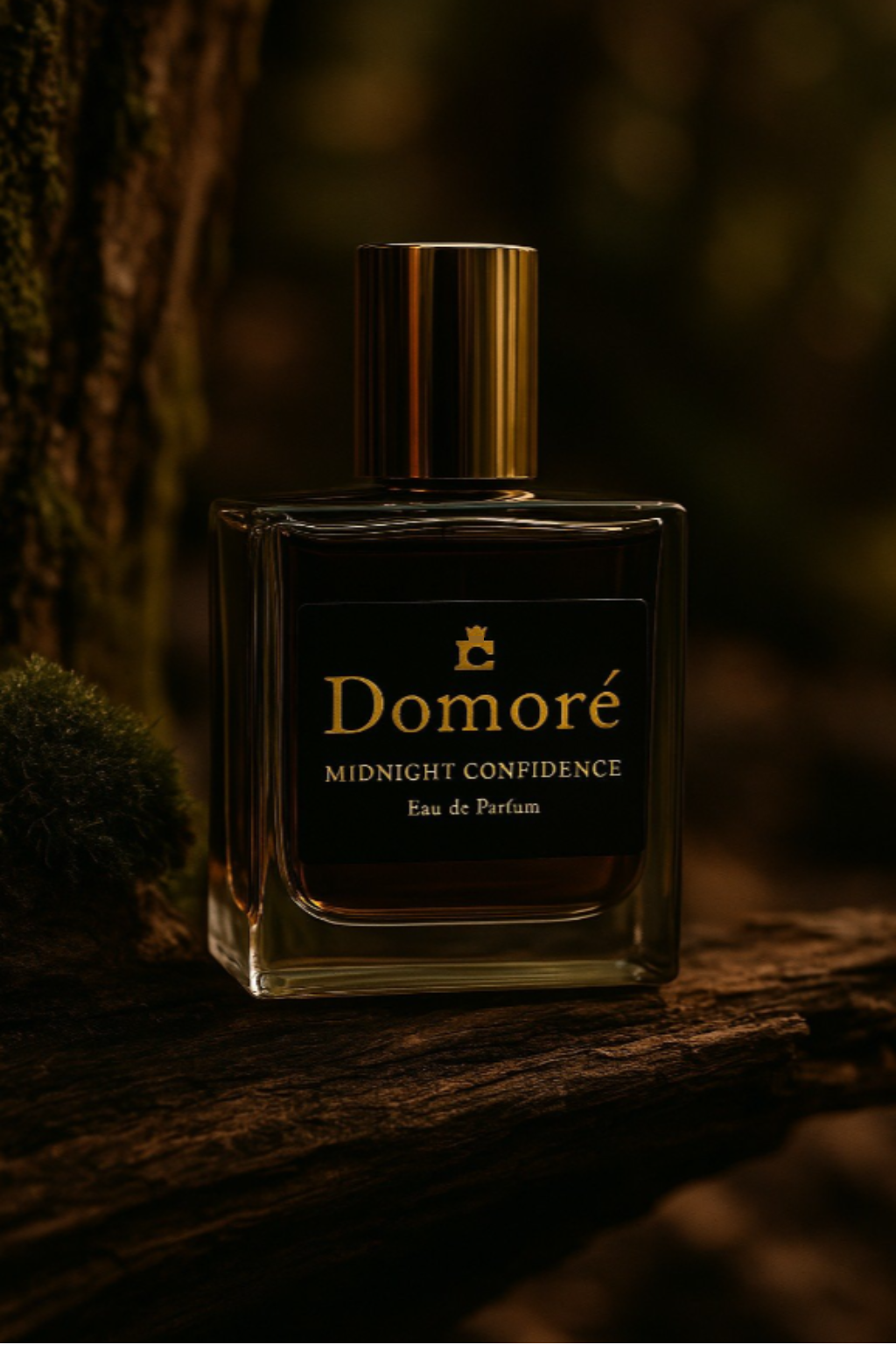 A bottle of Domoré Midnight Confidence Eau de Parfum placed on a piece of wood outdoors with a dark, blurred background.
