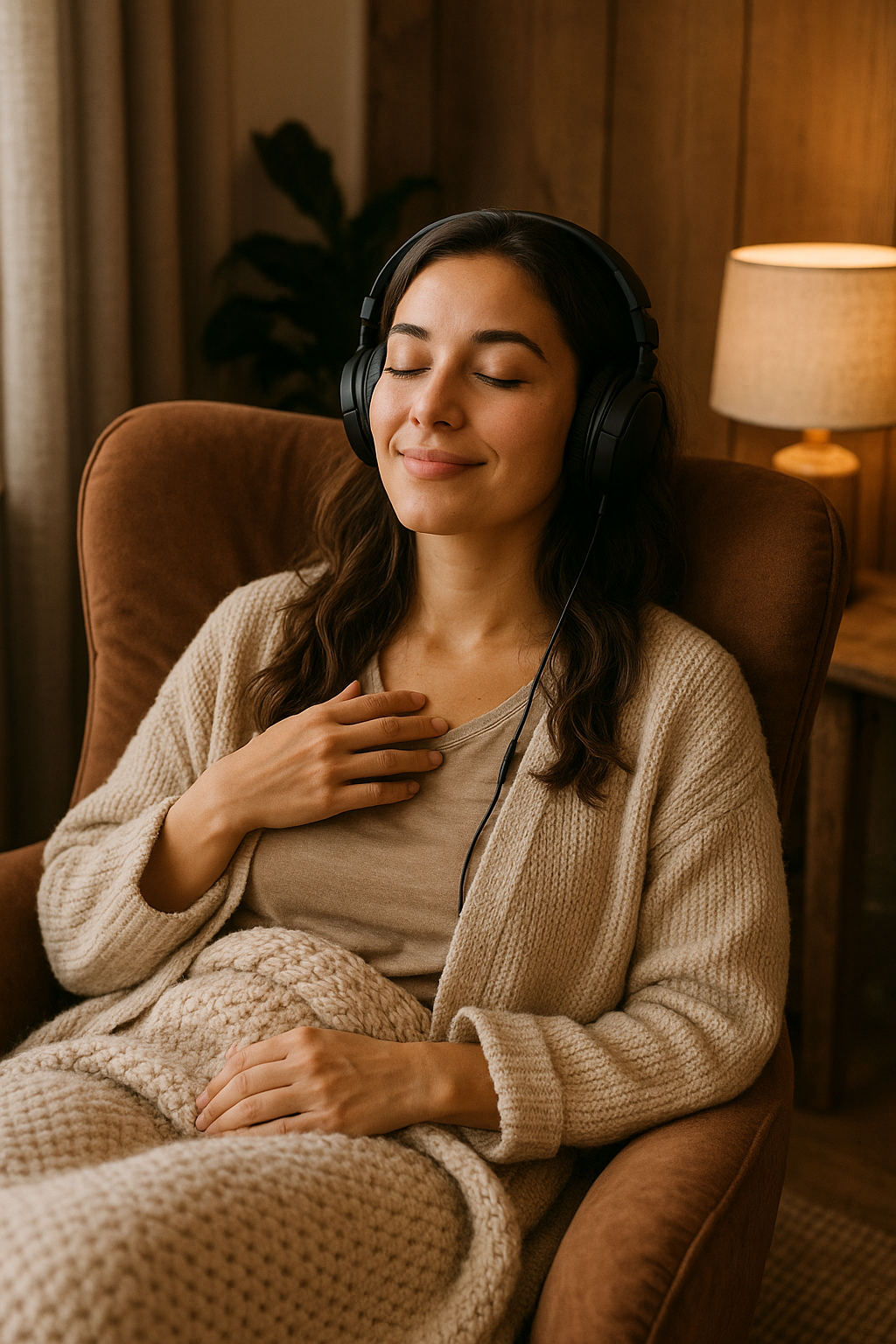 Une femme assise dans un fauteuil en tissu, portant un casque audio, avec un sourire apaisé, dans une ambiance chaleureuse avec une lampe de table et des murs en bois.
