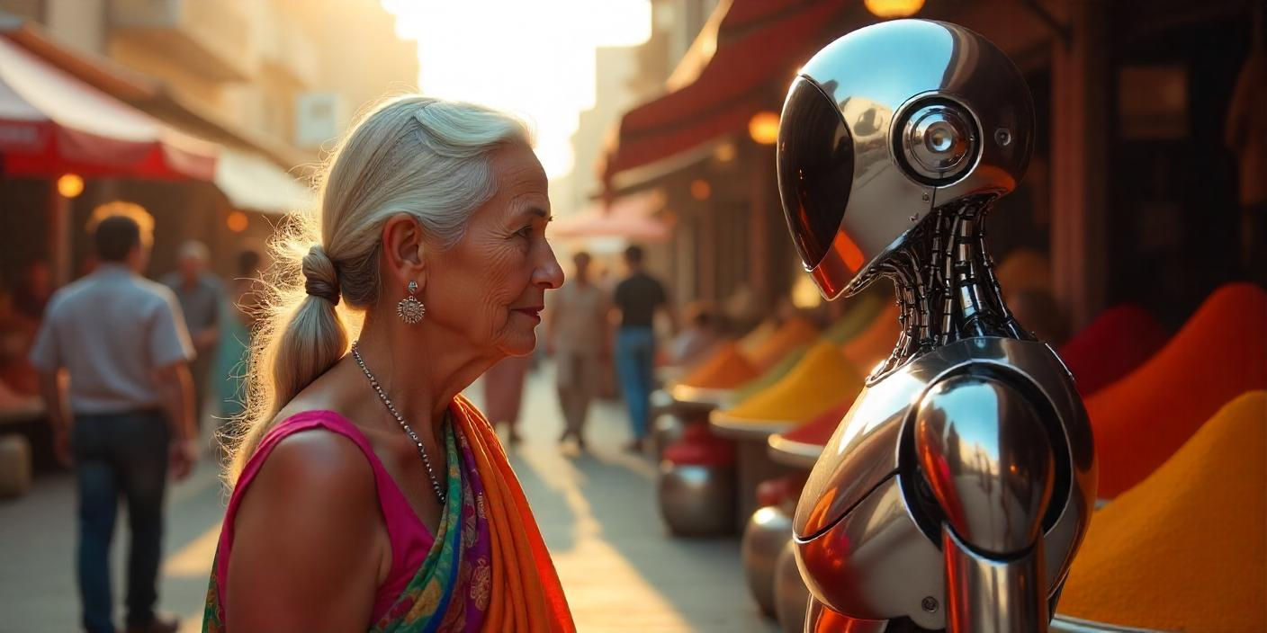 Elderly woman facing robot in marketplace with colorful spices.