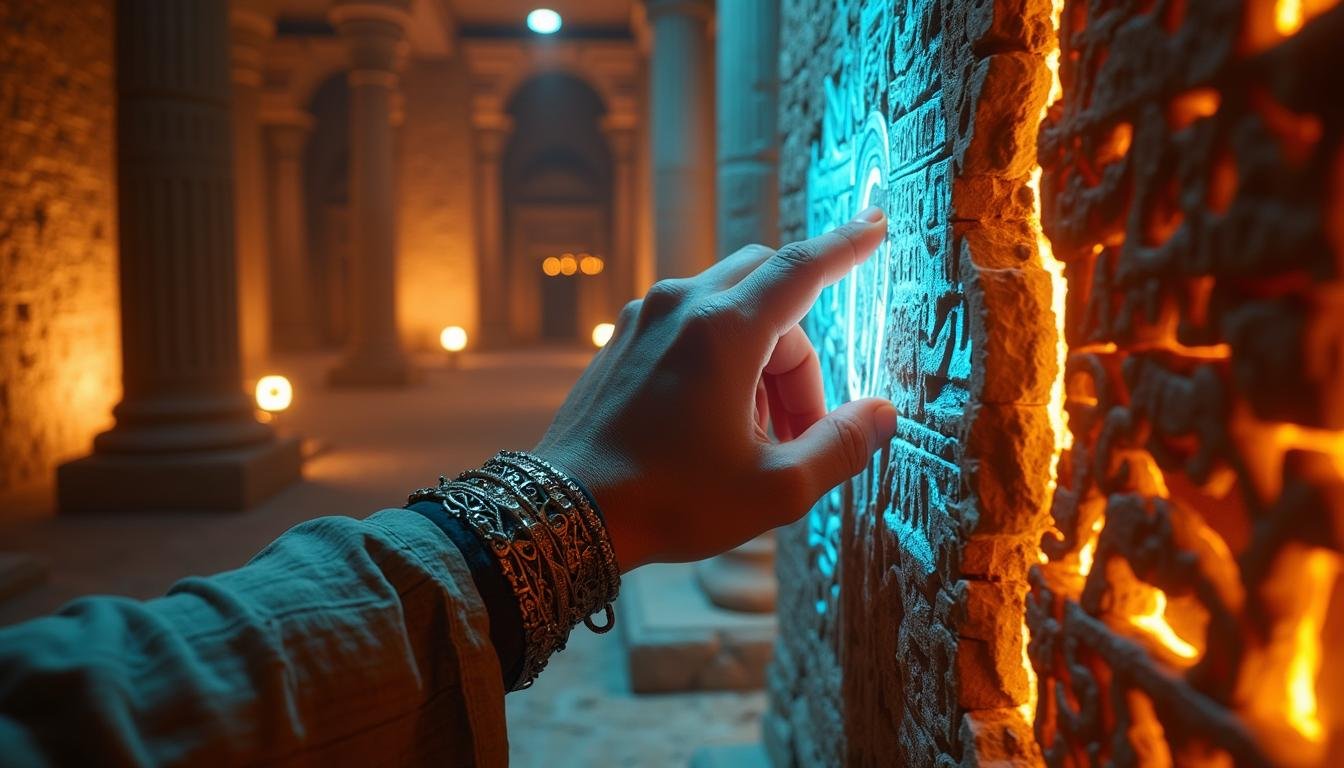 A hand adorned with bracelets touches an illuminated stone wall with ancient engravings in a dimly lit underground chamber.