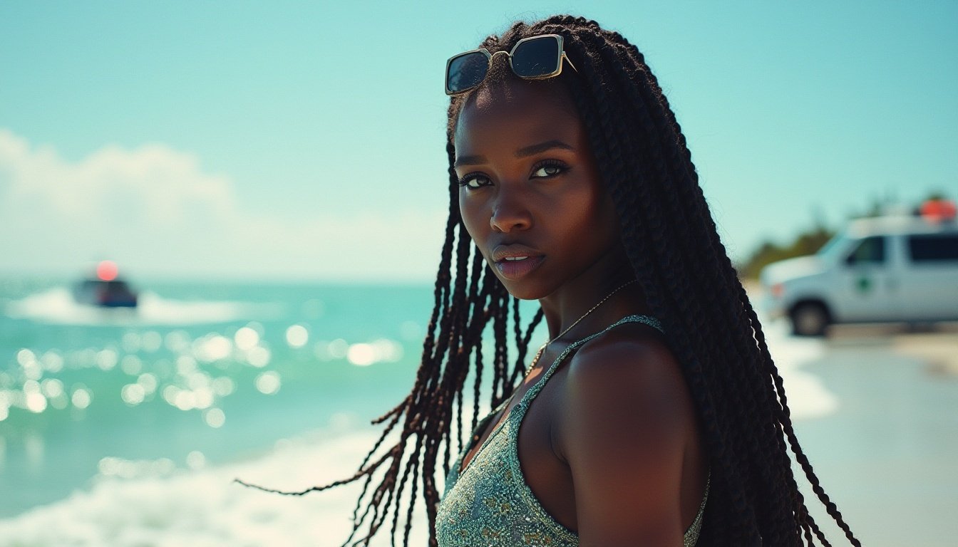 Woman with braided hair standing on a beach with sunglasses on her head, ocean waves and an out-of-focus vehicle in the background.