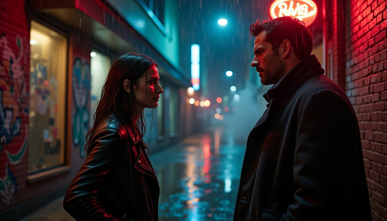 Two people stand face-to-face on a rainy city street at night, illuminated by neon lights; one is a woman in a leather jacket and the other a man in a dark coat. The scene has a moody, cinematic atmosphere.