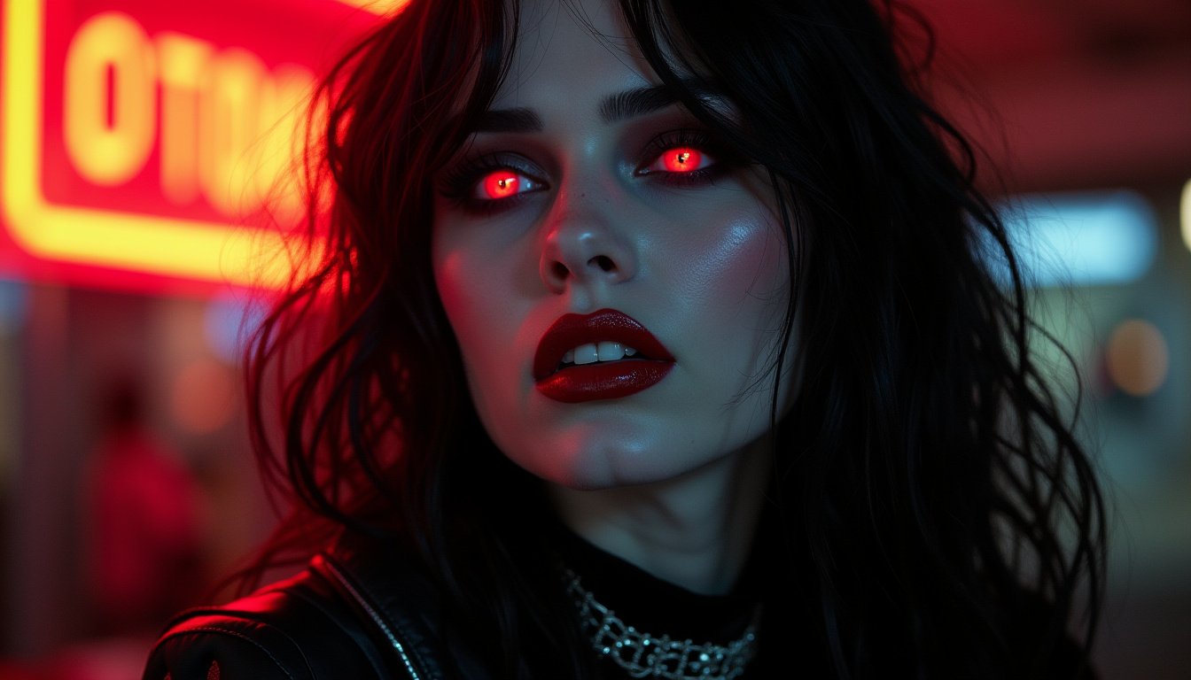 A person with glowing red eyes, dark hair, and red lipstick, set against a neon-lit background.