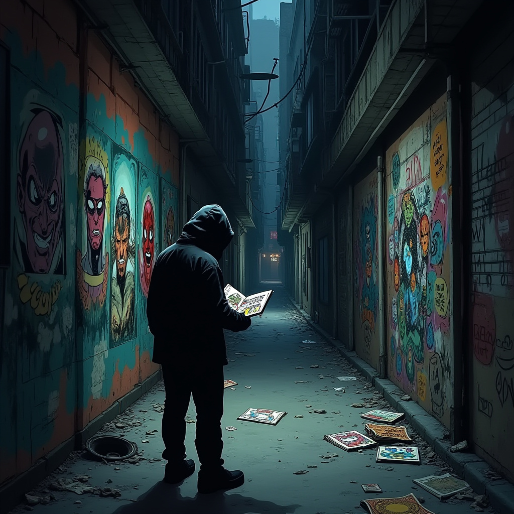 A person in a hooded jacket stands in a dimly lit alley, reading a comic book. The alley walls are decorated with colorful, detailed graffiti depicting superhero and villain faces. Comic books are scattered on the ground, adding to the urban, mysteri
