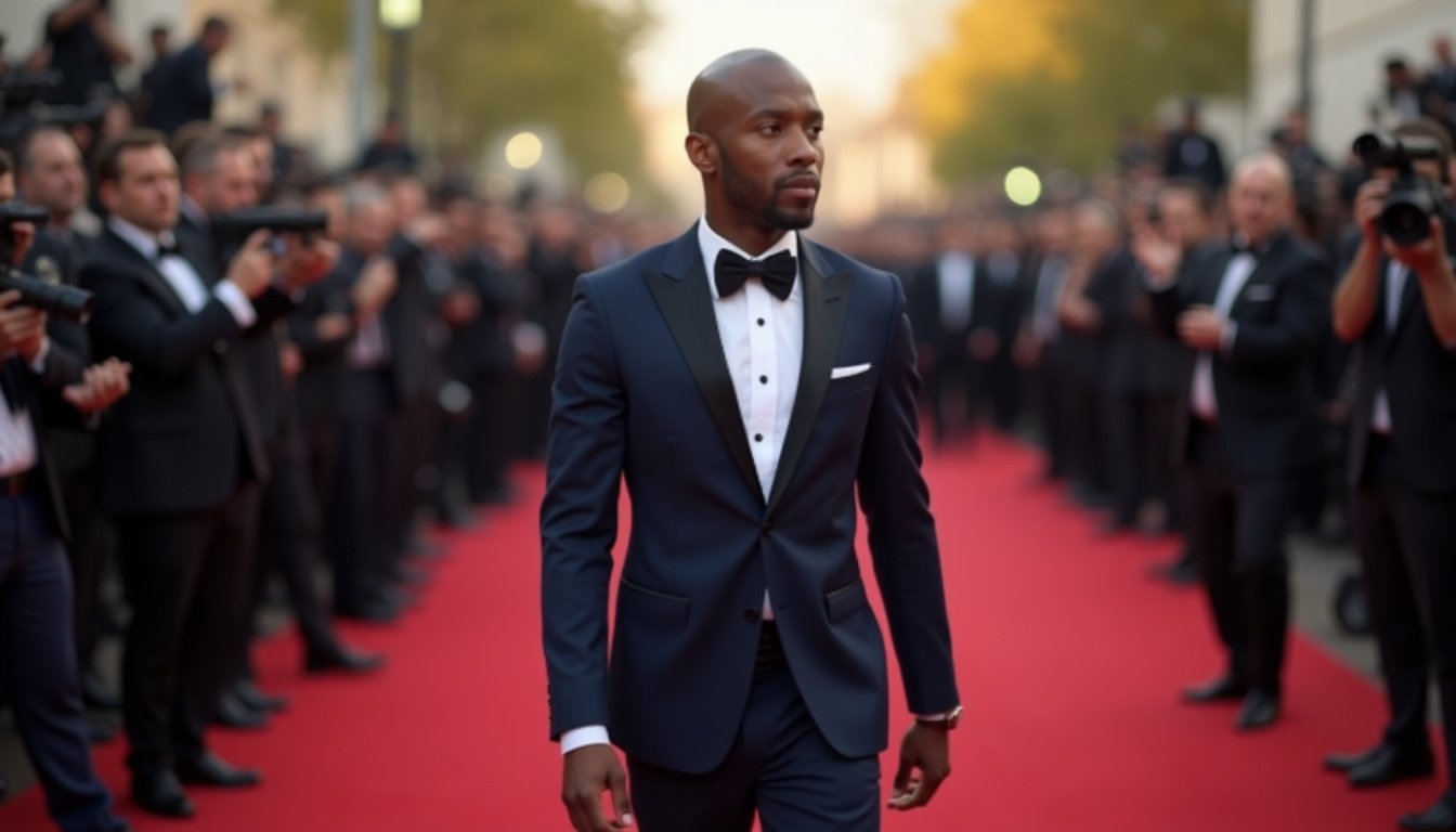 Man in a tuxedo walking a red carpet surrounded by photographers.